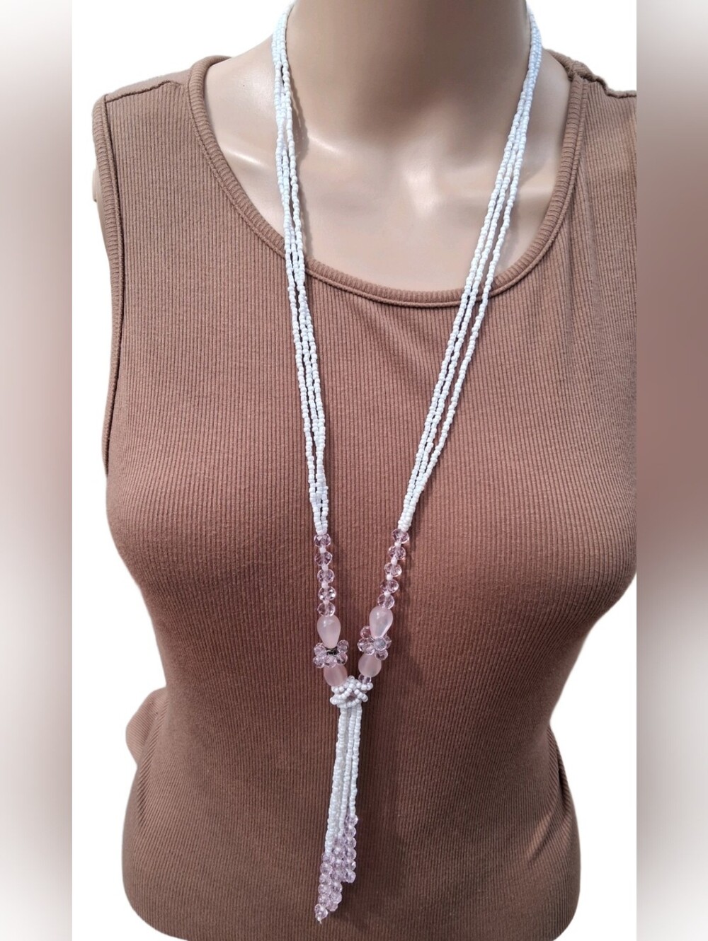 Vintage Pink Glass Seed Bead Y Lariat Necklace